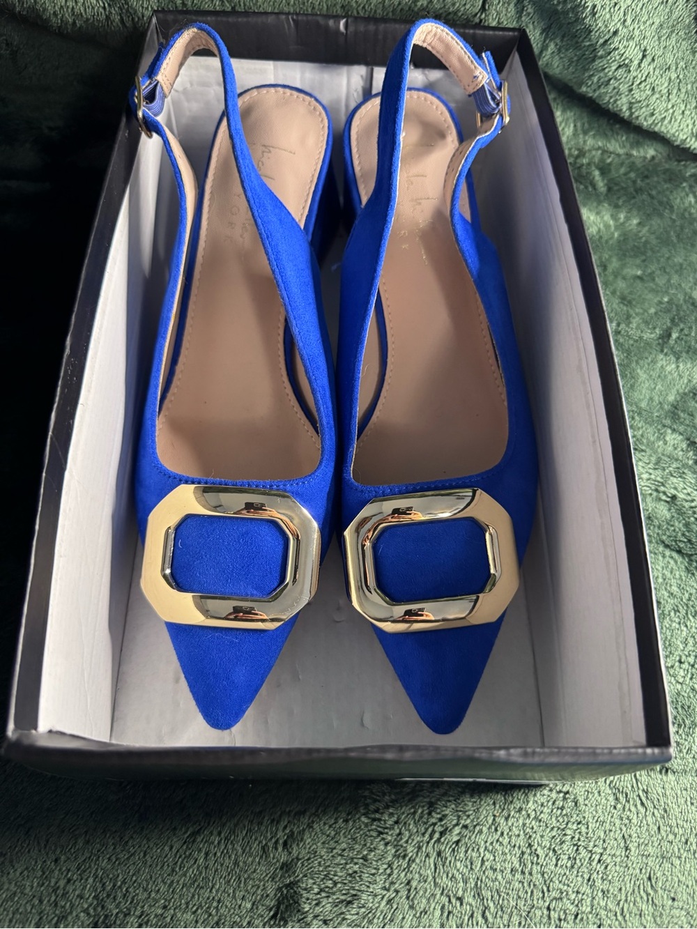 Nicole Miller Royal Blue Pointed Slingback Flats with Gold Buckle - Picture 4 of 6